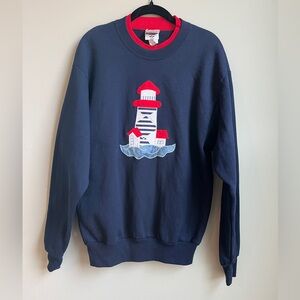 Vintage 90’s Pullover Blue/Red Jerzees Embroidered Lighthouse Sweatshirt
